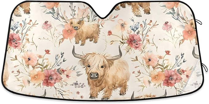 Cute Highland Cows Flowers Windshield Sun Shade for Car Auto SUV Truck Foldable Front Window Sunshade Sun Visor Protector Block UV Rays Reflect Heat, 55" x 28"