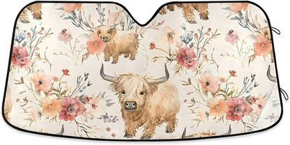 Cute Highland Cows Flowers Windshield Sun Shade for Car Auto SUV Truck Foldable Front Window Sunshade Sun Visor Protector Block UV Rays Reflect Heat, 55" x 28"