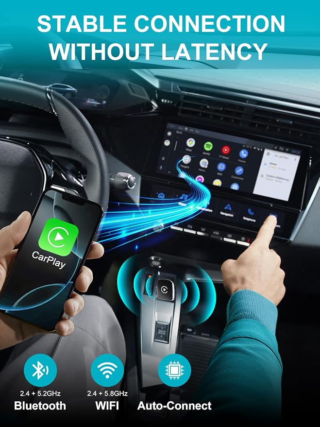 CarPlay Adapter for iPhone, Wireless Car Play Adapter, Converts OEM Wired Apple CarPlay to Wireless, Extension USB & USB-C/Type-C, Low Latency