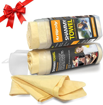 ARTIPOLY Premium Shammy Cloth for Car Drying 2pk (26”x17”)-Super Absorbent Chamois Towel for Car-Reusable Shammy Towel for Car, Bathroom,Pets, Dust Remove, No Spots/Streak/Scratch