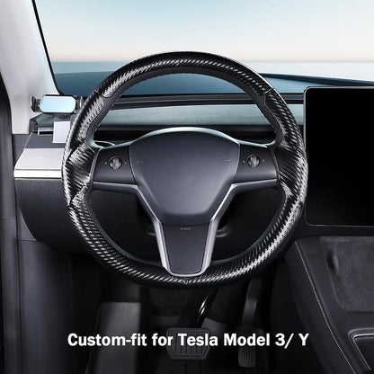 Steering Wheel Cover for 2017-2023 Tesla Model 3 2020-2024 Tesla Model Y, Carbon Fiber Steering Wheel Cover for Tesla Model 3/Y Accessories, Matte Black