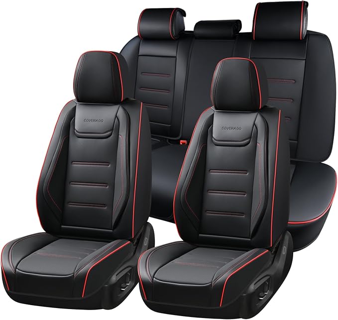 Coverado Car Seat Covers Full Set, Seat Covers for Cars, Car Seat Protector Waterproof, Leather Cushion, Universal Car Interior Covers Seat Protectors for Most Cars Black-Redline