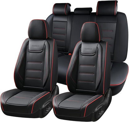 Coverado Car Seat Covers Full Set, Seat Covers for Cars, Car Seat Protector Waterproof, Leather Cushion, Universal Car Interior Covers Seat Protectors for Most Cars Black-Redline
