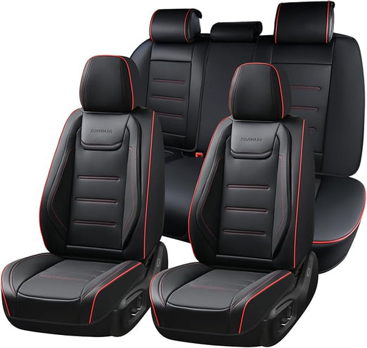 Coverado Car Seat Covers Full Set, Seat Covers for Cars, Car Seat Protector Waterproof, Leather Cushion, Universal Car Interior Covers Seat Protectors for Most Cars Black-Redline