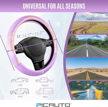 PIC AUTO Steering Wheel Cover, Pink Patterned & Light Purple Leather Patchwork Design, Universal Fit 14.5"–15.5", Anti-Slip, Soft PU Grain Leather, Durable Grip Car Accessory for Girls & Women