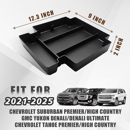 Muslogy for 2021-2024 2025 2026 Sliding Console Yukon Tahoe Suburban Center Organizer Armrest Storage Tray Compatible with GMC Yukon Chevy Tahoe Suburban Fit for Power Sliding Console (Black)