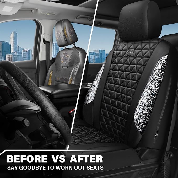 CAR PASS Bling Diamond Leather Car Seat Covers for 2 Front Interior Sets, Waterproof Shining Glitter Sparkly Crystal Universal Armrest Fit Automotive Truck SUV Cute Women Girl, Black Silver Rhinestone
