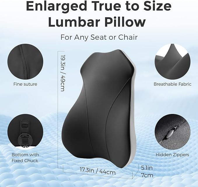 Lumbar Support Pillow for Car, Memory Foam Back Cushion for Driving Seat, Truck Accessories Travel Essentials, Back Pain Relief, Washable Cover, Plus Size Lower Back Support Fits Most Cars (Black)