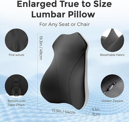 Lumbar Support Pillow for Car, Memory Foam Back Cushion for Driving Seat, Truck Accessories Travel Essentials, Back Pain Relief, Washable Cover, Plus Size Lower Back Support Fits Most Cars (Black)