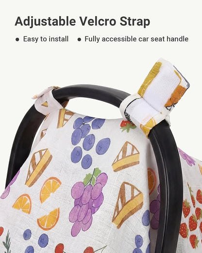 Rquite Car Seat Cover Baby for Girls Boys, 100% Muslin Cotton Infant Carseat Canopy, Soft Breathable Stroller Sun Shade & Newborn Shower Gift, Large Size Universal Fit Summer, Hot & Warm Weather