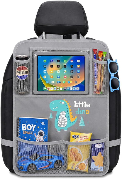 Backseat Car Organizer for Kids, Car Seat Organizer with 11” Touch Screen Tablet Holder, Rear Seat Storage Bag with Drink Pockets, Anti-Kick Seat Back Protector for Travel (Gray Dinosaur)