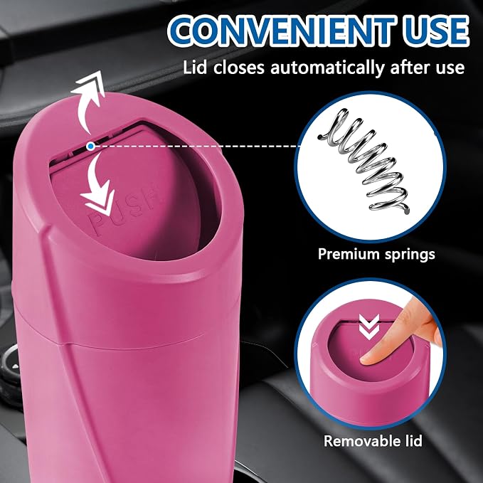 Hovom Mini Car Trash Can with Lid, Portable Garbage Can for Car, Leakproof Cup Holder Automotive Garbage Bin with 2 Rolls of Trash Bags, Small Trash Storage Can for Car Home Office(Rose Red)