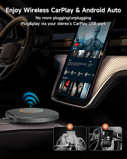 ATOTOZONE 2025 Upgrade CB6 CarPlay AI Box&Android AI Box, Wireless CarPlay/Android Auto Adapter, Plug & Play CarWave Car Smart Box with AI DriveChat, GPS Track, Android 13, 2 BT, 4G LTE, 4G+64G, Gray