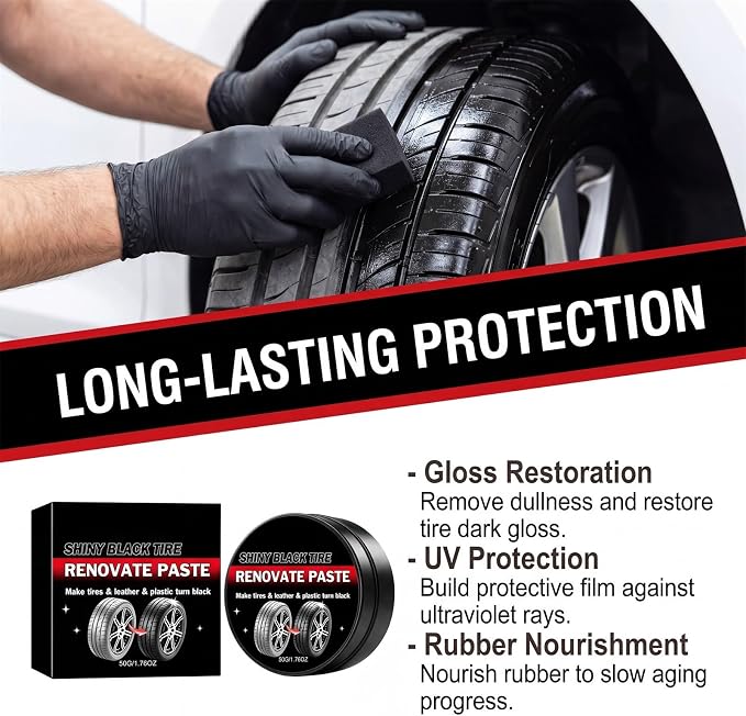 Premium Tire Coating & Trim Restorer, Bring Back the Original Deep Black Shine to Rubber and Plastic, Long Lasting Gloss Finish, Tire Coating Paste for Car Tire Plastic Trim Care