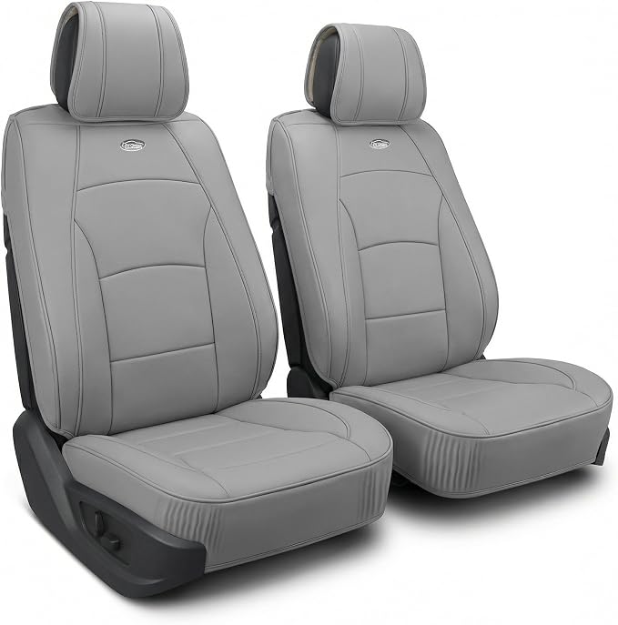 FH Group Front Set Faux Leather Seat Cushions for Low Back Seat, Universal Fit, Airbag Compatible Seat Cover for SUV, Sedan, Solid Gray