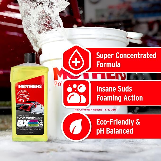 Mothers Triple Action Foam Wash, 16 oz. — pH Balanced, Eco-Friendly, Super-Sudsy, Foam Cannon, Safely Clean Without Stripping Wax, Sealant or Coating, Remove Dirt & Grime, Super Concentrated (05616)