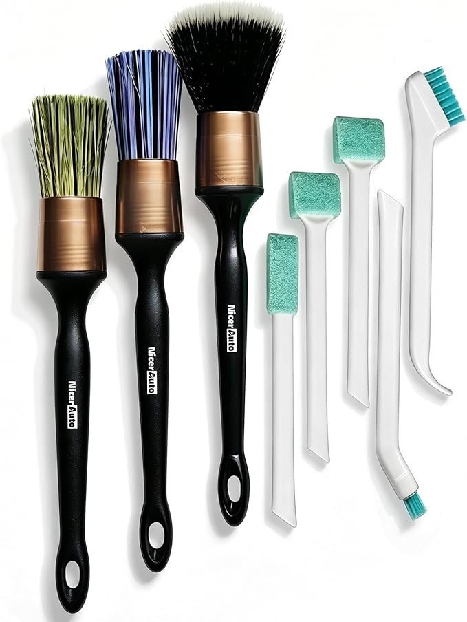 8PCS Professional Car Detailing Brush Set, Boars Hair & Ultra Soft Auto Detailing Brushes for Car Interior Exterior Deep Cleaning, Detail Brush Kit for Wheels Leather Air Vents Dusting, Gold