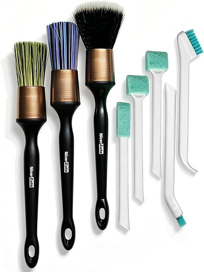 8PCS Professional Car Detailing Brush Set, Boars Hair & Ultra Soft Auto Detailing Brushes for Car Interior Exterior Deep Cleaning, Detail Brush Kit for Wheels Leather Air Vents Dusting, Gold