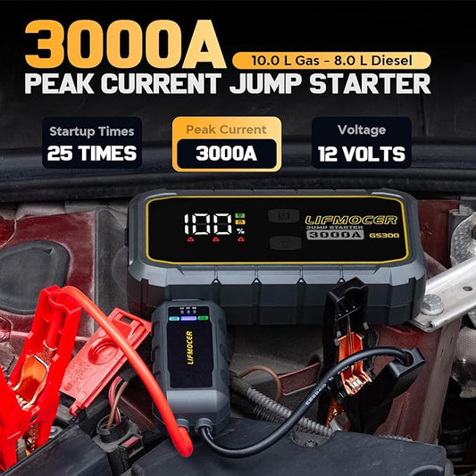 GS300 Car Jump Starter,3000A Portable Battery Jumper Starter for Up to 10.0L Gas & 8.0L Diesel Engines,59.2WH 12V Jump Box with Storage Case,USB Quick Charge,LCD Display,for Cars,Motorcycles,Trucks