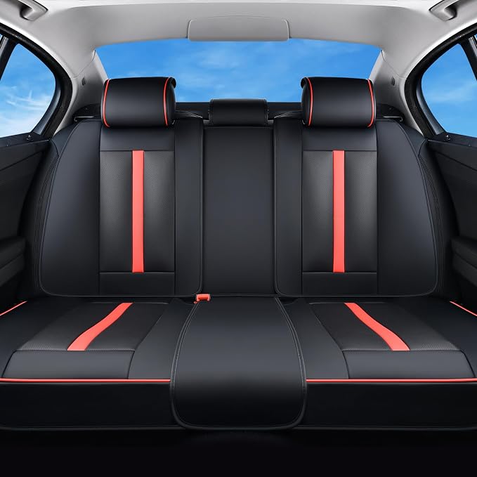 Huidasource Rear seat Cover Luxury Nappa Leather, Back seat Cover with Velcro Adjustable, Ventilation Holes, Seat Belts, Child Seats, Car Cover Seat Universal Fit for Most Cars SUV Trucks, Black＆Red