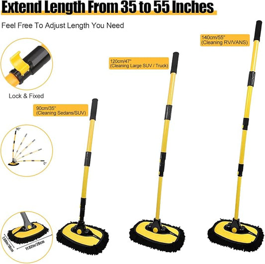 Car Wash Brush with Long Handle, 55 inch Car Wash Mop Car Wash Kit Mitt Retractable Bent Pole Car Wash Brush for Cars RV Truck Boat