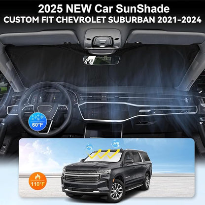 Sunshade for Suburban Windshield Sun Shade Custom Fit 2021-2023 2024 2025 Chevy Chevrolet Suburban Accessories Foldable Front Window Shield Cover Sun Visor Protector Block UV Rays Keep Car Cooler