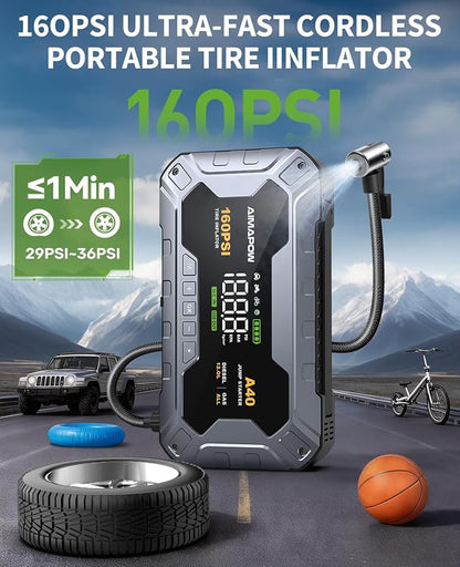 8000A 160PSI Jump Starter with Air Compressor, 12V Car Battery Jump Starter Power Bank(All Gas/12L Diesel), Car Starter with LED Flashlight, Force Start, Jump Pack with Jump Leads