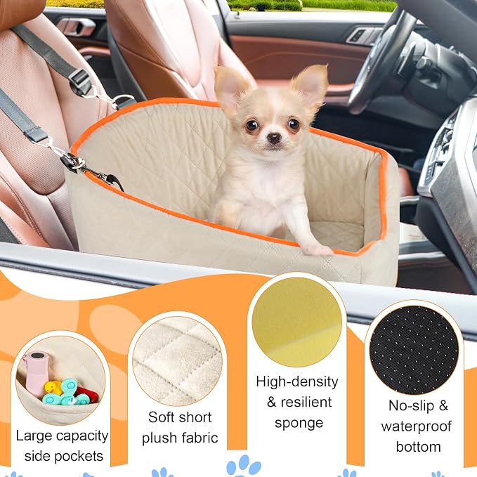 XIEEAOZEE Dog Car Seat for Small Dogs, Memory Foam Booster Dog Seat for Dogs up to 35 lbs, Elevated Pet Car Seat, Travel Safety Pet Seat with Washable Removable Cover, Storage Pockets (Beige)