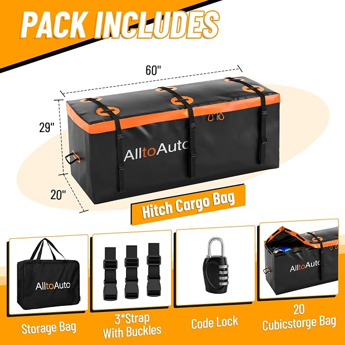 20 CuFt Waterproof Cargo Bag for Hitch Carrier | 60"x20"x29" Trailer Hitch Cargo Carrier | Weatherproof Truck Bed Storage with Straps, Lock & Carry Case | PVC Vehicle Soft-Shell Carriers