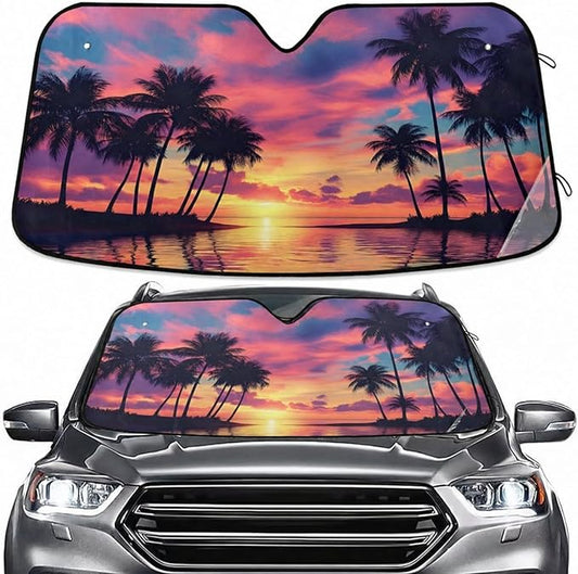 Palm Trees Windshield Sun Shade for Car Auto SUV Truck Purple Beach Sunset Landscape Foldable Front Window Sunshade Sun Visor Protector Block UV Rays Reflect Heat, 55" x 28"