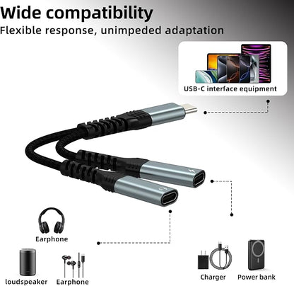 USB C Splitter(2in1)Type C to Headphone Adapter for Iphone 17 16 15 Pro Max Charger Cable Jack DAC Audio Dongle Dual Charging Aux Cord for Apple Fast Multi Port Car Headset Compatible for Samsung S25