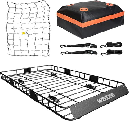 WEIZE 54" x 34" Heavy Duty Roof Rack Basket, 200LBS Universal Rooftop Cargo Basket with Waterproof Bag, Cargo Net & Tie Down Straps, Steel Luggage Holder for Car SUV Truck