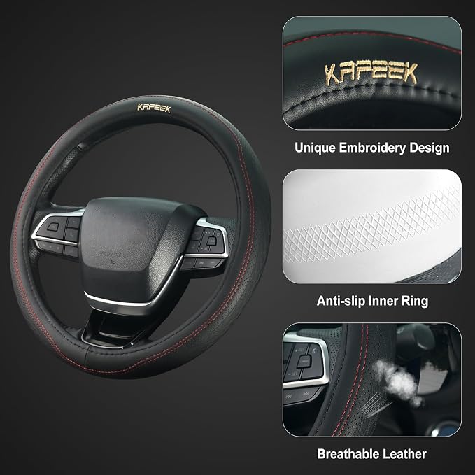 KAFEEK 15 inch Steering Wheel Cover, Breathable Perforated Microfiber Leather, Sporty Diamond Texture, Anti-Slip Red Stitching Car Steering Wheel Protector, Universal Fit for Cars SUVs Trucks, Black