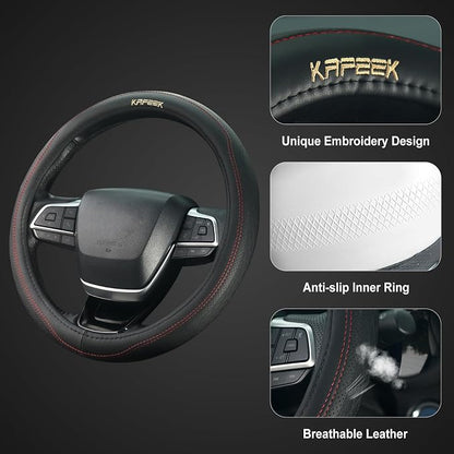 KAFEEK 15 inch Steering Wheel Cover, Breathable Perforated Microfiber Leather, Sporty Diamond Texture, Anti-Slip Red Stitching Car Steering Wheel Protector, Universal Fit for Cars SUVs Trucks, Black