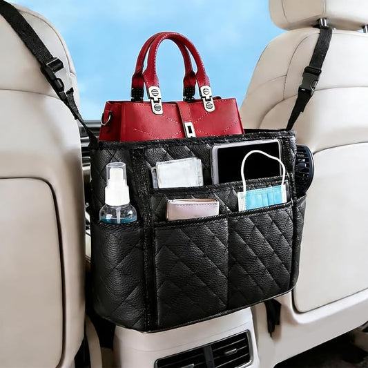 Car Purse Holder Between Seats, Car Storage Organizer, Leather Large Capacity Storage Pocket for Front Seat, Front Seat Pocket Handbag Holder & Barrier of Backseat Pet Kids for Most Vehicles