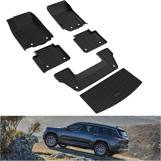 Kiwi Master Floor Mats & Cargo Mat for 2021-2026 Jeep Grand Cherokee L | OEM Replacement 82216640AA 82216646AA, Custom Fit, All Weather Mats, Heavy Duty TPE Floor Liners, Front Rear Trunk Set, Black