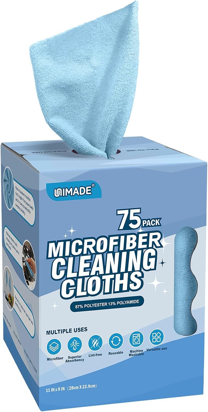 UNIMADE Microfiber Cleaning Cloth, 75 Sheets Microfiber Towels for Cars Commercial Grade Washcloths Lint-Free Bulk Shop Towel Cleaning Rags for Household Restaurant Garage Housekeeping, 11"x 9", Blue