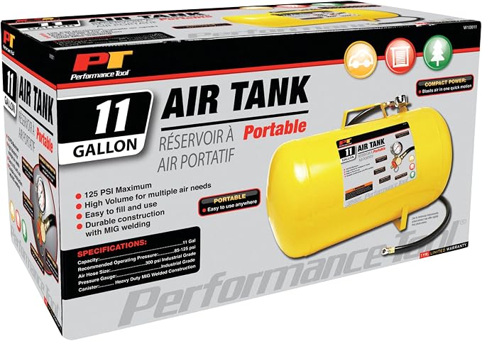 Performance Tool W10011 Hi-viz 11-Gallon Horizontal Portable Air Tank With Tire Air Chuck , Yellow