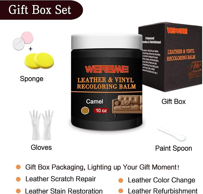 Leather Recoloring Balm & Color Restorer - 10OZ Multipurpose Dye & Paint for Faded Leather Couches, Car Seats, Shoes | Fix Scratches on Clothing, Furniture & Accessories(Camel)