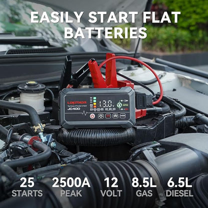 LOKITHOR JC400 9-in-1 Battery Charger and Jump Starter, 2500A 12V Portable Jump Box for Car Upto 8.5L Gas/6.5L Diesel, 750mA/1A/2A, 6V/12V Automotive Battery Maintainer, Trickle Charger and Desulfator