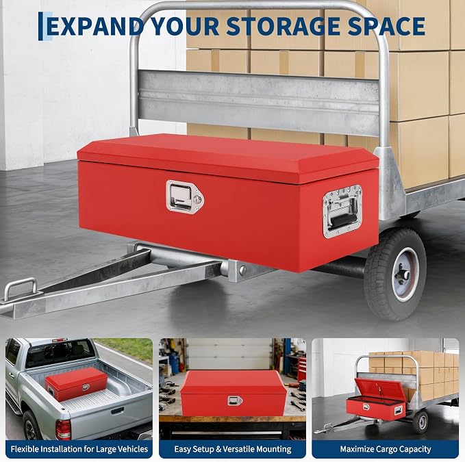 Heavy Duty Steel Metal Tool Box 39" for Truck Bed, Locking Plate Crossbed Storage Chest with Gas-Strut Assisted Lid, Weather-Resistant Truck Bed Tool Box for Pickup, Trailer, RV