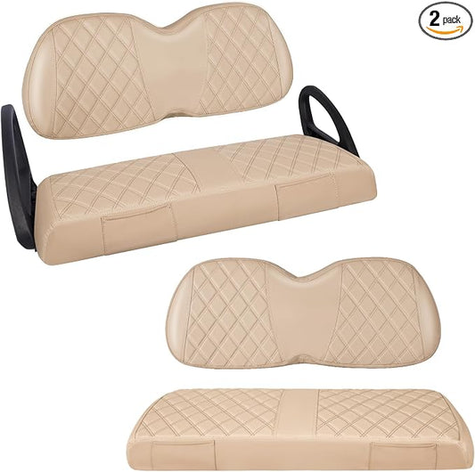 Full Set Golf Cart Seat Covers for Club Car Tempo OEM, Beige | Front & Rear Set (2-Piece), Premium Vinyl Leather Replacement Standard Cushion Covers, No Tools Needed & Easy to Clean