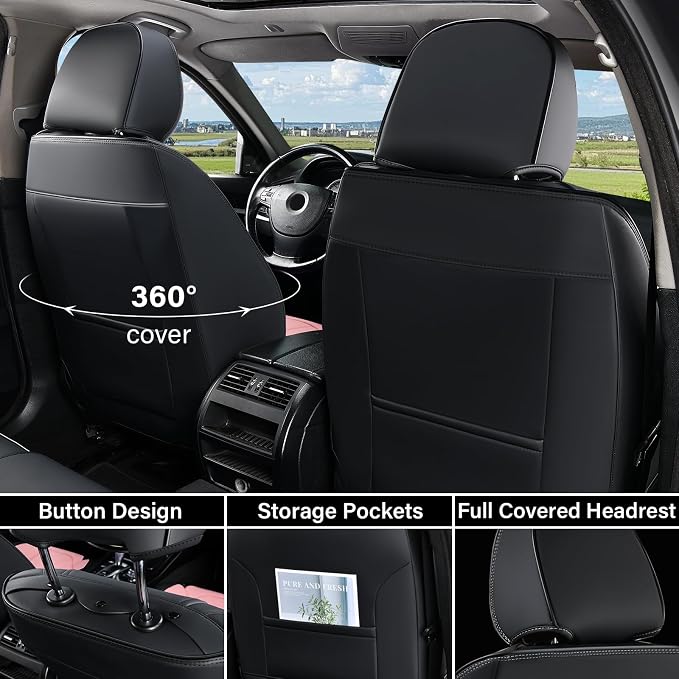 Coverado Car Seat Covers Full Set, Car Seat Protectors Leather Seat Covers for Cars, Automotive Seat Covers Car Accessories Universal Fit for Most Sedans SUV Pick-up Truck(Black&Pink)