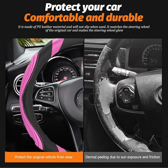 Osilly 15 Inch Car Leather Steering Wheel Cover, Automotive Accessories Elastic Breathable Anti-Slip Soft Wheel Protector Fits Men and Women, Suitable for SUVs, Trucks, Vehicles and RVs (Pink)