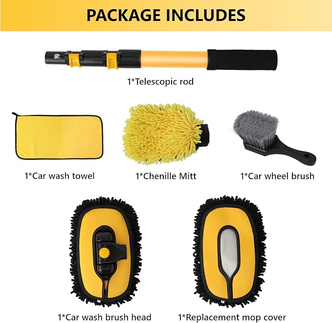 Car Wash Brush with Long Handle, 15°Curved Car Cleaning Brush with Replaceable Head Cover, Truck Washing Brushwith Telescopic Handle Wash Mop Kit 5PCS