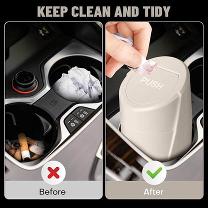 Car Trash Can Bin with Lid - Car Garbage Can Cup Holder - Light Beige Mini Leakproof Vehicle Garbage Bin with 20pcs Trash Bags-Automotive Organizers and Storage for Front Back Seat Accessories
