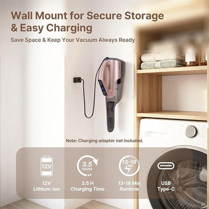 Shop-Vac S2 12V Handheld Vacuum Cordless, Dual-Speed Powerful Portable Car Vacuum Rechargeable, Wall-Mounted Lightweight Hand Vacuum for Home & Car, LED Light, HEPA Filter, Champagne Gold