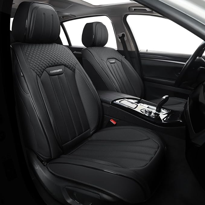Leather Seat Covers for Cars, 2Pcs Universal Front Automotive Seat Covers, Full Coverage Waterproof Car Seat Covers for Most Trucks, SUVs, Sedans, Luxury Breathable Auto Seat Cover, Black
