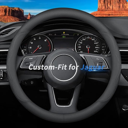 Custom-Fit for Jaguar Steering Wheel Cover, Premium Leather Car Steering Wheel Cover with Logo, Non-Slip, Breathable (B-Style,for Jaguar)