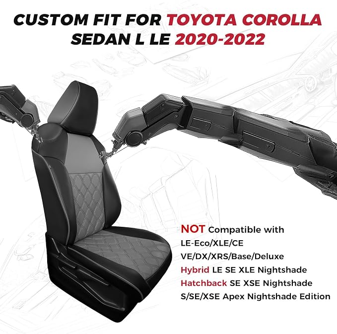 FREESOO for Toyota Corolla Seat Covers L LE 2020 2021 2022, Luxury Leather Seat Covers for Cars, Custom Fit Car Seat Covers, Waterproof Car Seat Cover Cushions Protector, Black Gray Full Set
